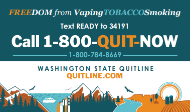 Blue and orange card with illustration of mountains and the ocean and the Washington state quitline number