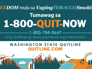 quitline-card-filipino Blue and orange card with illustration of mountains and the ocean and the Washington state quitline number - in Filipino/Tagalog