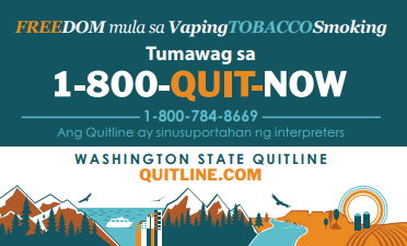 quitline-card-filipino Blue and orange card with illustration of mountains and the ocean and the Washington state quitline number - in Filipino/Tagalog