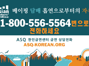 quitline-card-korean Blue and orange card with illustration of mountains and the ocean and the Washington state quitline number - in Korean