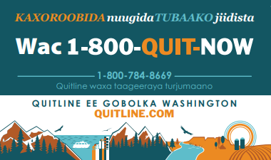 Blue and orange card with illustration of mountains and the ocean and the Washington state quitline number - in Somali