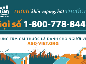 quitline-card-vietnamese Blue and orange card with illustration of mountains and the ocean and the Washington state quitline number - in Vietnamese