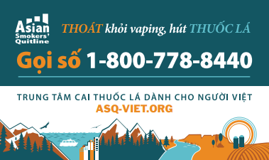 Blue and orange card with illustration of mountains and the ocean and the Washington state quitline number - in Vietnamese