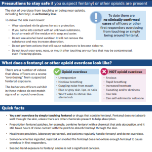 Front side of factsheet showing the title and easy-to-read text in digestible blocks. Title is Responding to Scenes with Suspected Fentanyl or Other Opioids Present: It's Safe for Law Enforcement to Assist
