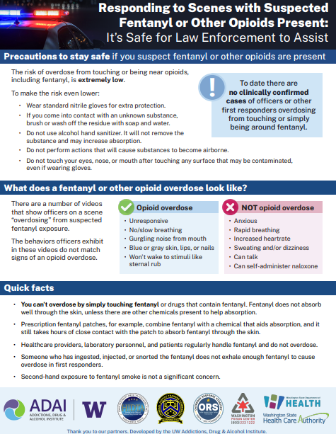 Front side of factsheet showing the title and easy-to-read text in digestible blocks. Title is Responding to Scenes with Suspected Fentanyl or Other Opioids Present: It's Safe for Law Enforcement to Assist