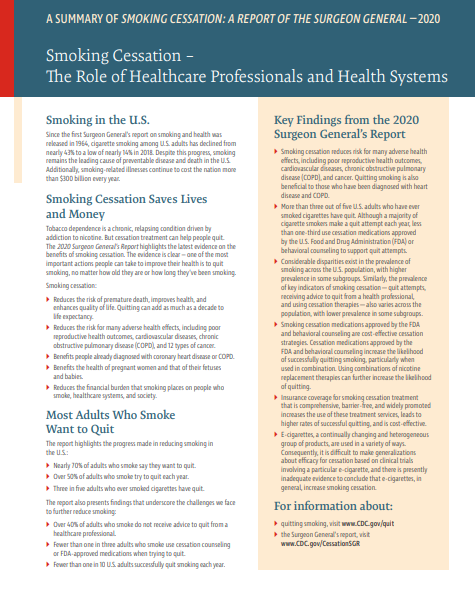 Front of the factsheet "Smoking Cessation - The Role of Healthcare Professionals and Health Systems" showing two columns of text