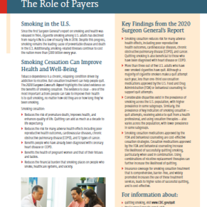 smoking-cessation-role-of-payers Front of the handout "Smoking Cessation - The Role of Payers" showing two columns of text and a photo of a provider talking to two patients