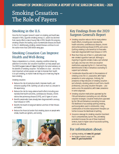 Front of the handout "Smoking Cessation - The Role of Payers" showing two columns of text and a photo of a provider talking to two patients