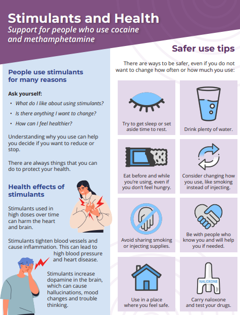 Front side of the factsheet showing colorful icons and content blocks with easy-to-read information and the title Stimulants and health