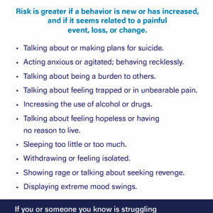Colorful handout with suicide warning signs for adults in easy-to-read bullet points