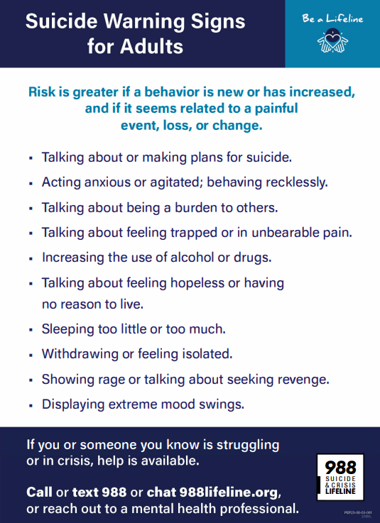 Colorful handout with suicide warning signs for adults in easy-to-read bullet points