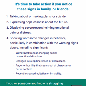 Colorful handout with suicide warning signs for youth in easy-to-read bullet points