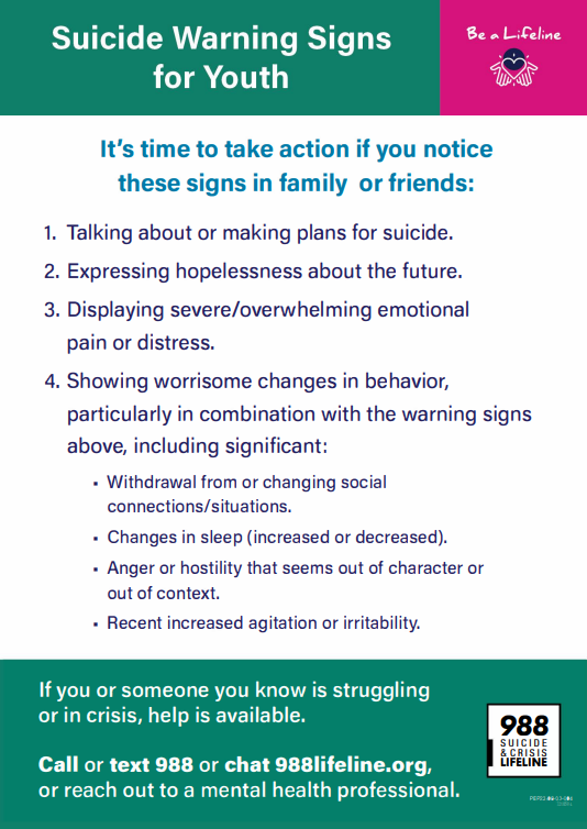 Colorful handout with suicide warning signs for youth in easy-to-read bullet points