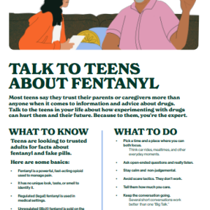 Factsheet cover with a colorful illustration of a father and teen talking and the title Talk to teens about fentanyl