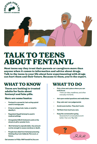 Factsheet cover with a colorful illustration of a father and teen talking and the title Talk to teens about fentanyl