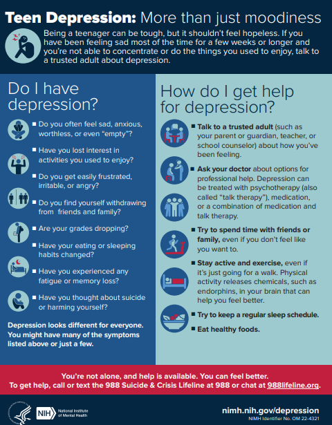 Colorful factsheet about teen depression with text on a blue background and illustrated icons as bullet points separating short blocks of text
