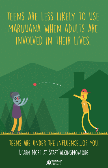 teens-are-less-likely-to-use-marijuana Colorful poster showing an illustration of a parent and child playing catch on a green background