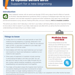 Factsheet showing text in white and blue boxes and the title "treating babies who were exposed to opioids before birth"