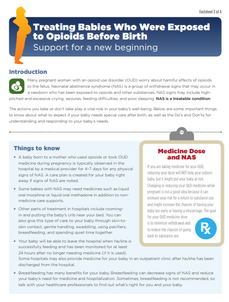 Factsheet showing text in white and blue boxes and the title "treating babies who were exposed to opioids before birth"