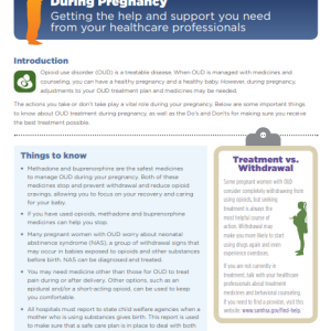 Front of the factsheet showing text in sections of white and blue blocks and the title Treatment opioid use disorder during pregnancy