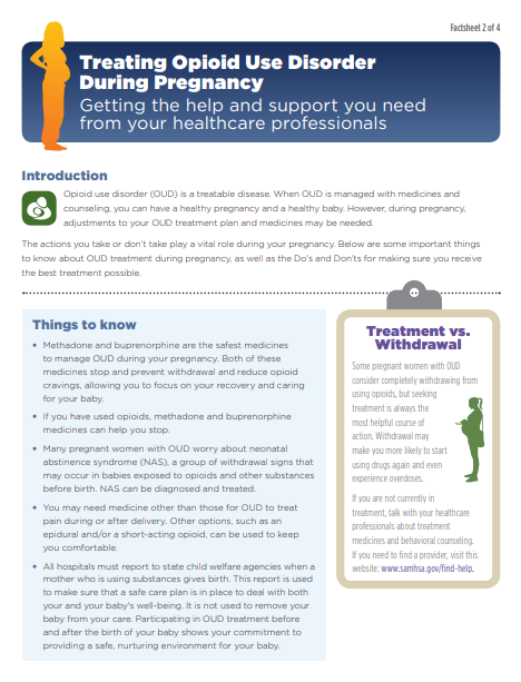 Front of the factsheet showing text in sections of white and blue blocks and the title Treatment opioid use disorder during pregnancy