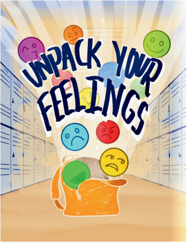 Zine cover showing illustrated faces in circles (happy, sad, e.g.) coming up out of a box with the title Unpack your feelings over the top