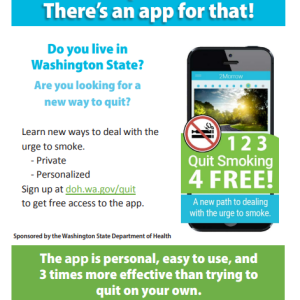 want-to-quit-tobacco Factsheet with an image of a smartphone and blue and green color scheme with title at the top Want to quit tobacco? There's an app for that.