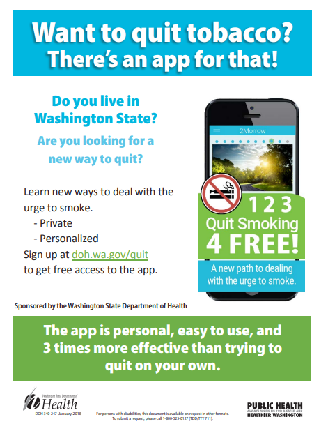 Factsheet with an image of a smartphone and blue and green color scheme with title at the top Want to quit tobacco? There's an app for that.