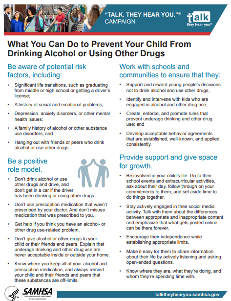 Front of factsheet showing 4 sections of text with blue headers and the title "What You Can Do to Prevent Your Child from Drinking Alcohol or Using Other Drugs "