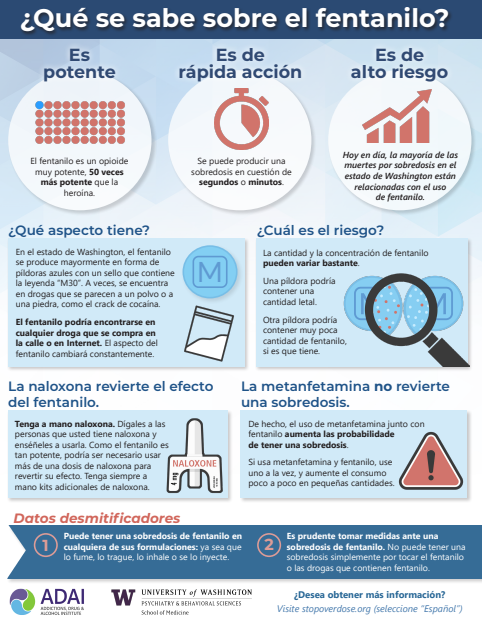 Colorful factsheet with text on blue background showing lots of illustrations and icons with content in easy-to-read blocks - in Spanish