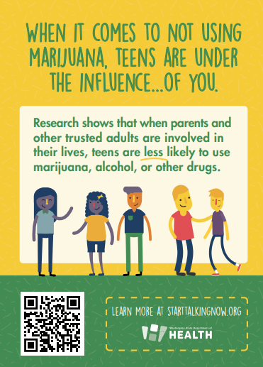 when-it-comes Colorful yellow and green postcard with illustrated cartoon-style teens and parents in the middle and the title When it comes to not using marijuana, teens are under the influence of you