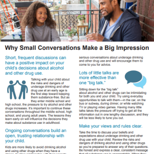 why-small-conversations Colorful factsheet showing a parent and youth talking at the top and blocks of text below with blue icons and headers