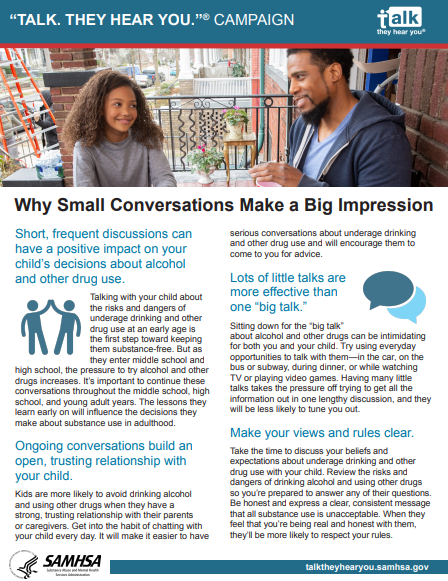 Colorful factsheet showing a parent and youth talking at the top and blocks of text below with blue icons and headers