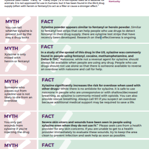 Colorful factsheet with myths in purple boxes on the left and facts in green boxes on the right