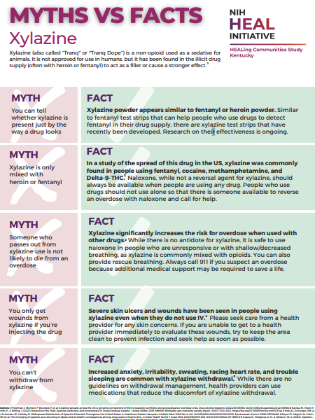Colorful factsheet with myths in purple boxes on the left and facts in green boxes on the right