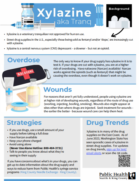 Factsheet title Xylazine AKA Tranq with text in colorful blocks