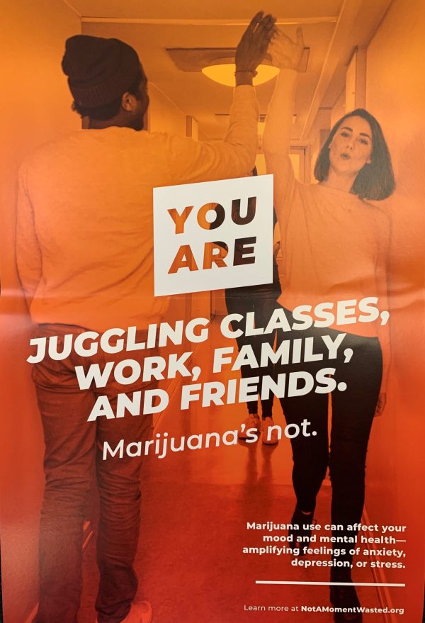 Colorful orange and red poster showing a photo of two teens high-fiving in a school hallway and the text YOU ARE juggling classes, work, family, and friends