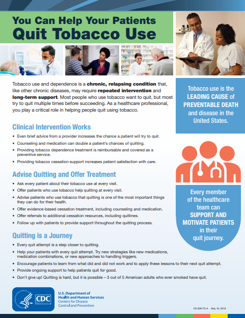 Colorful factsheet with images of patients and providers and the title "You can help your patients quit tobacco use"