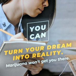 you-can-turn-your-dream Photo of a student taking notes with ear buds in and the text YOU CAN turn your dream into reality