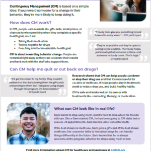 Cutting Back on Stimulants with Contingency Management, a single-sided handout with images, quotes from CM participants, and information