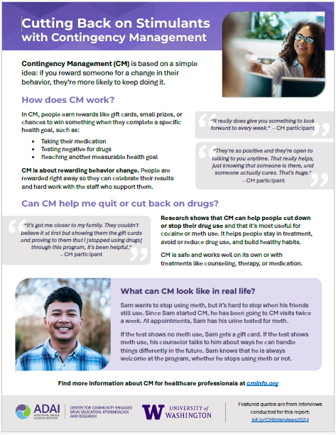 Cutting Back on Stimulants with Contingency Management, a single-sided handout with images, quotes from CM participants, and information
